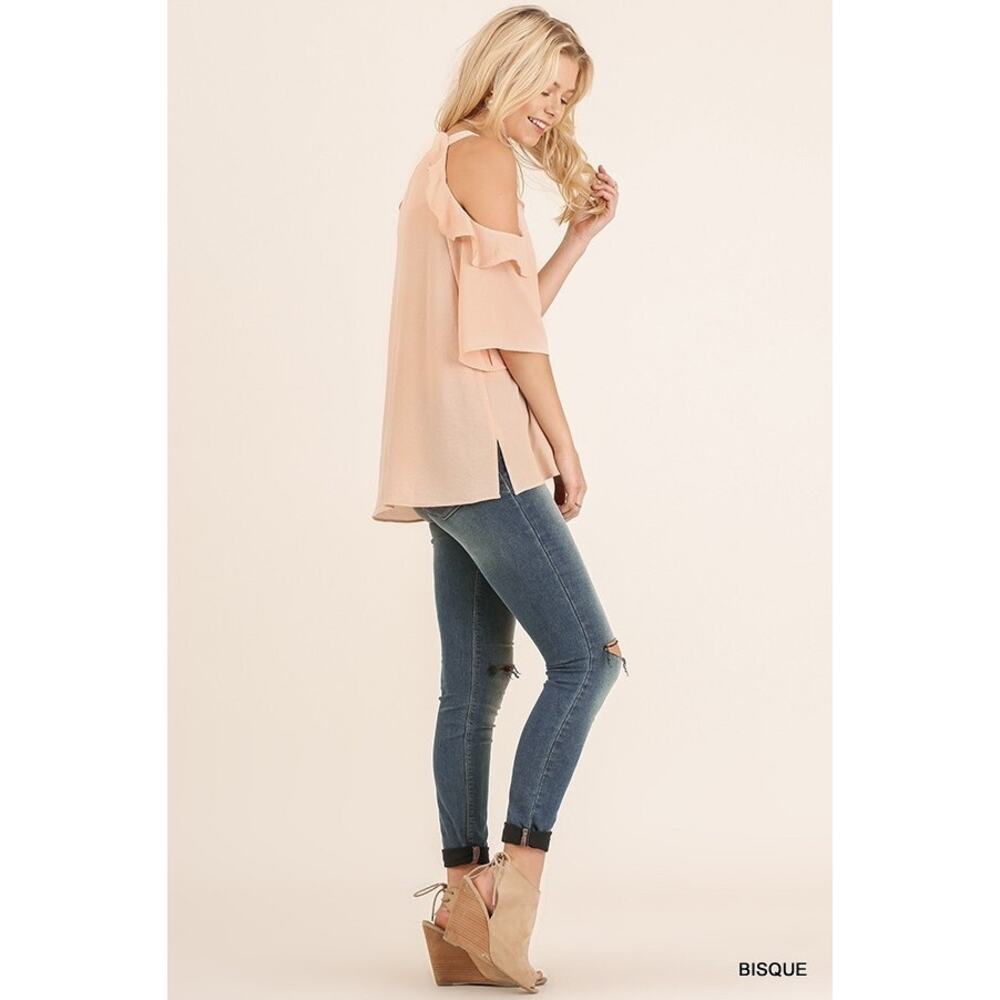 Umgee Cold Shoulder Blouse with Ruffles Bisque Size Medium - Picture 8 of 8